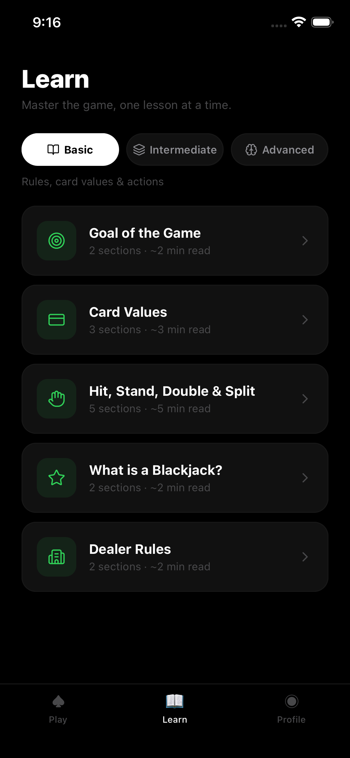 Learn section showing lesson categories