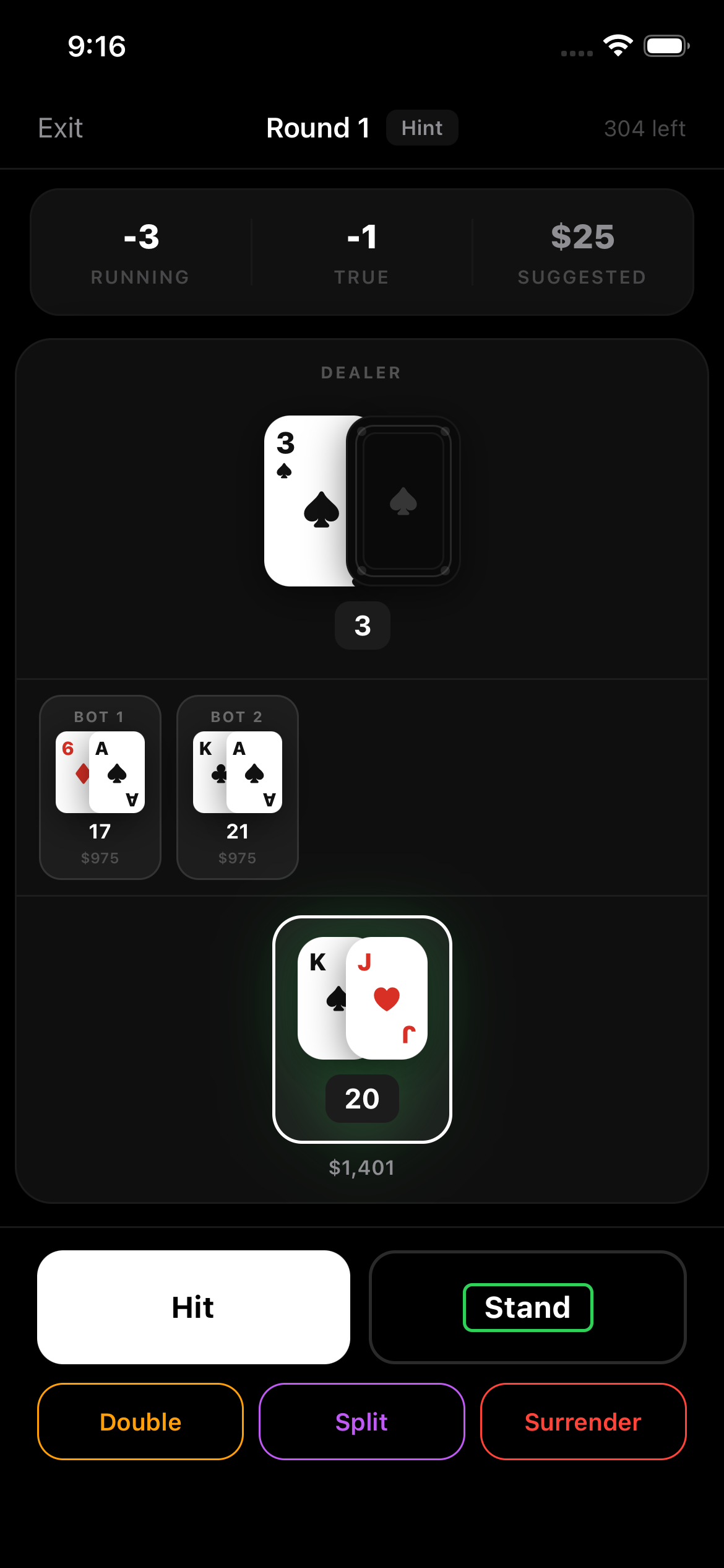 Active blackjack game with strategy hints