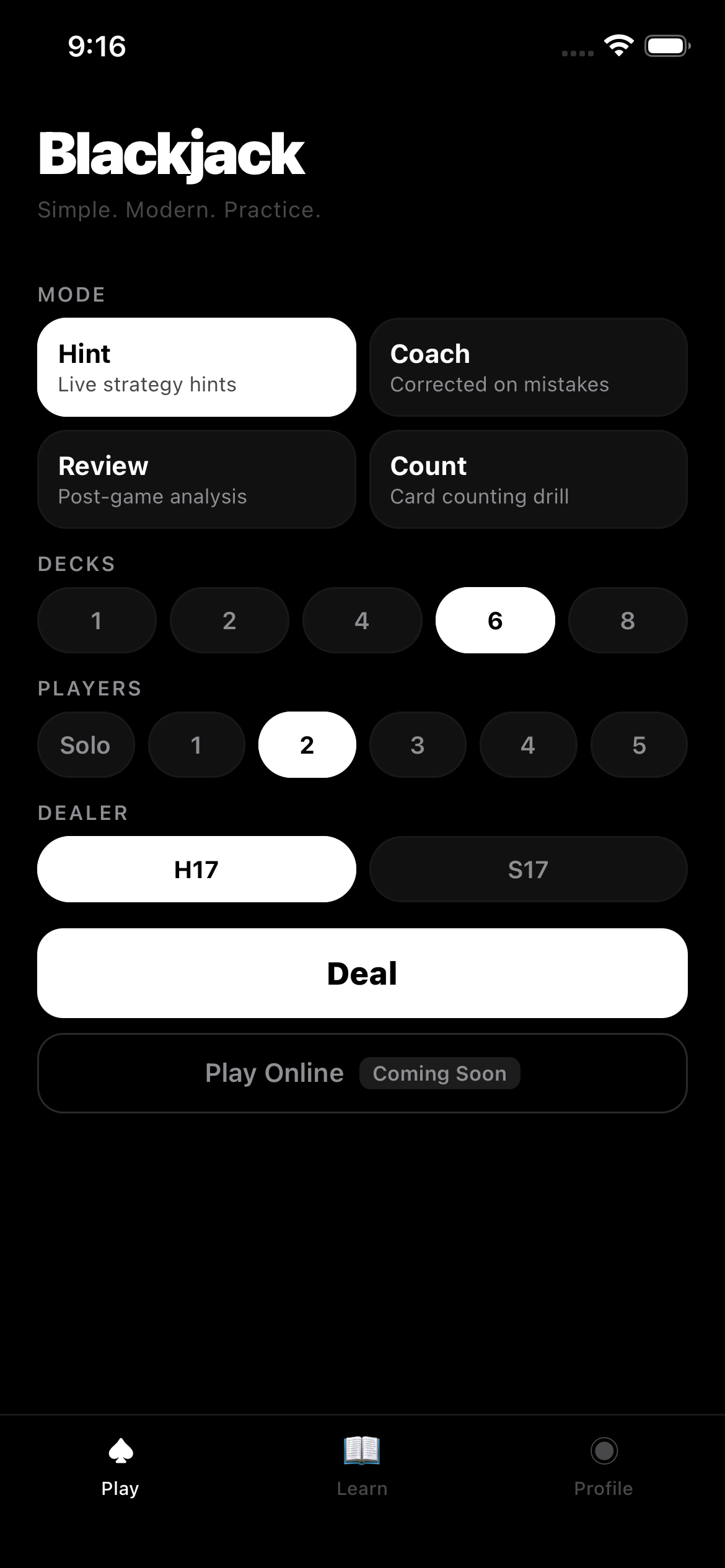 Game settings screen showing mode selection and customization options
