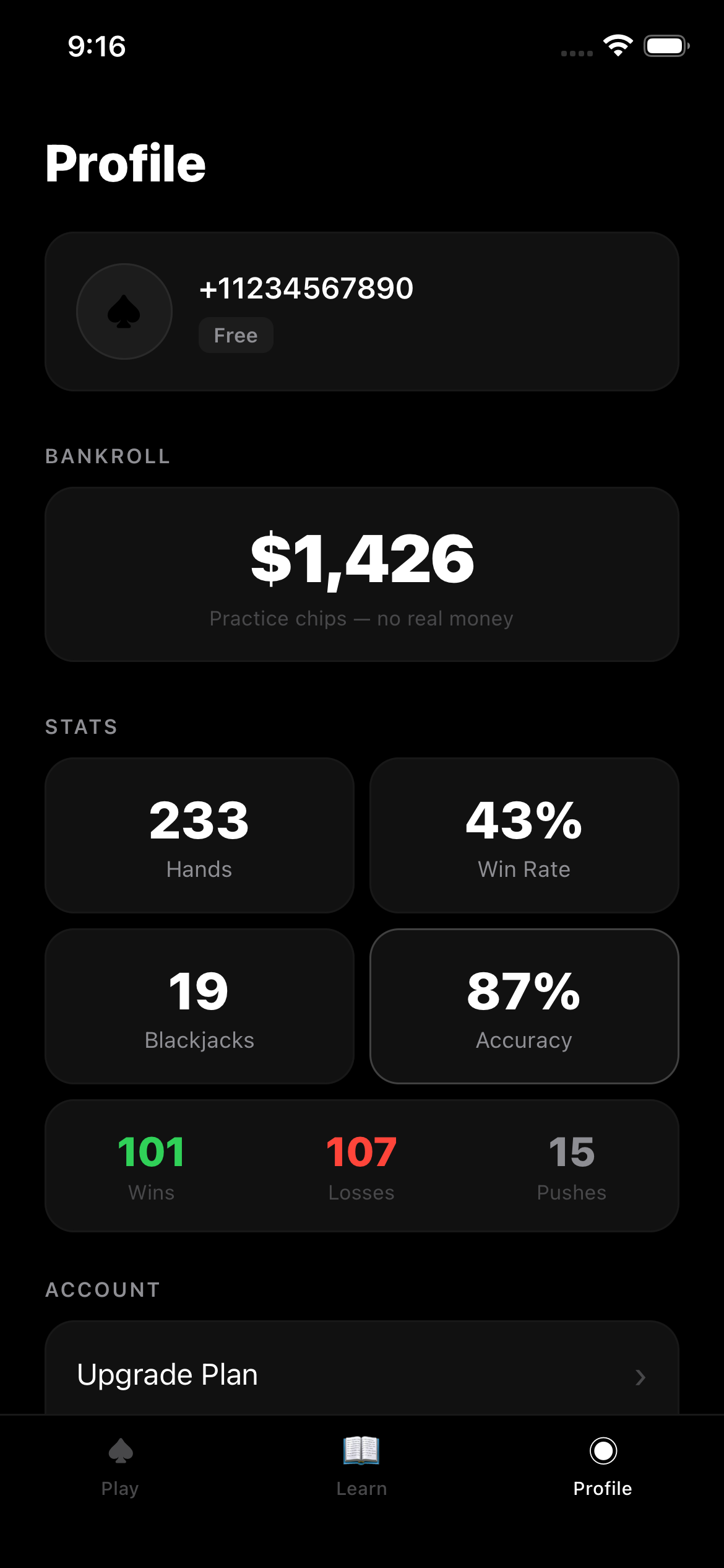 Profile screen showing player statistics